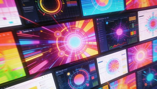 Neon multiscreen wall showing colorful radial dashboards and futuristic data analytics