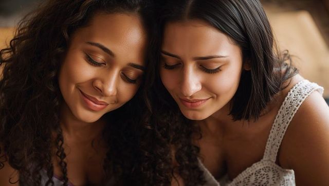 Two Women Sharing Quiet Smile on Sofa Closeup Warm Intimate Friendship Lifestyle Portrait