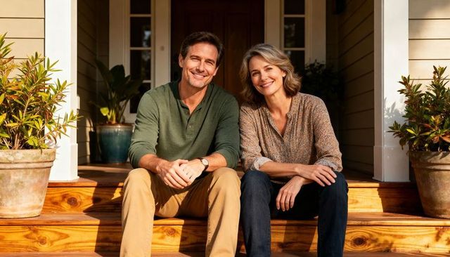 Sunlit mature couple sitting on porch steps smiling and relaxing at golden hour