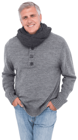 Stylish Senior Man in Warm Sweater with Relaxed Pose on Transparent Background