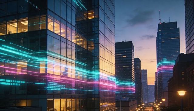 Urban glass skyscrapers reflecting neon data trails and lit offices at dusk