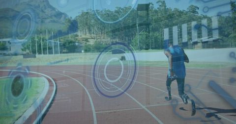 Paralympic runner against digital interface background
