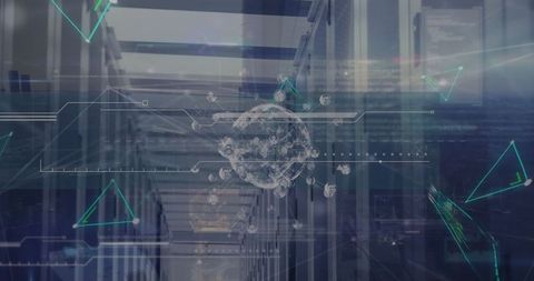 Globe and connections overlay on server racks depict data networking