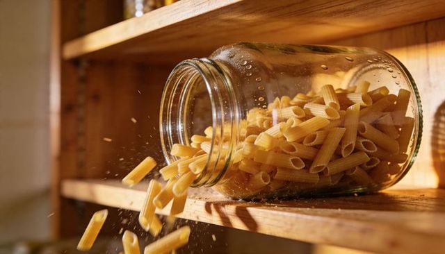 Rustic glass jar spilling penne pasta onto wooden pantry shelf in warm golden sunlight