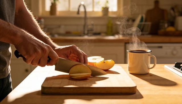 Slicing apple on wooden cutting board with steaming mug in sunlit home kitchen