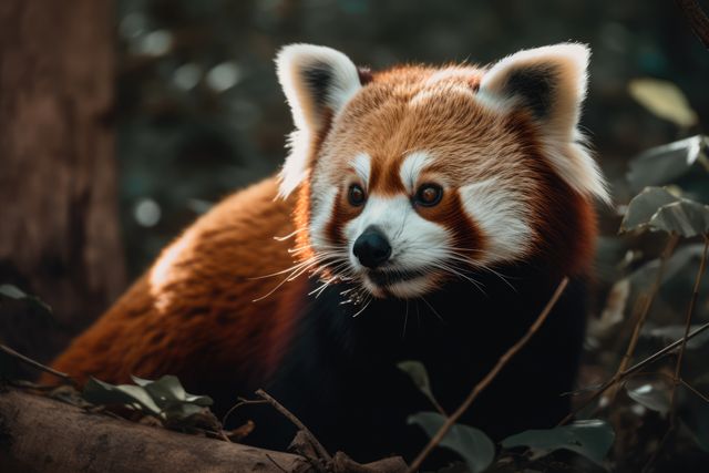 Red panda resting amongst lush forest foliage, perfect for content related to wildlife, nature, conservation, and zoos. Adds a peaceful and natural touch to educational materials, blogs, and websites focused on animal life and habitats.