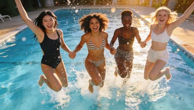 Diverse friends jumping and splashing in pool holding hands at golden hour