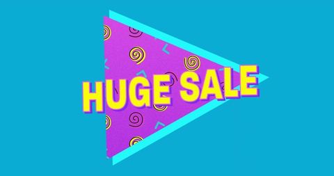 Retro 80s pennant huge sale banner featuring bold yellow text teal purple neon