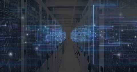 Futuristic Data Center Aisle with Holographic Data Displays