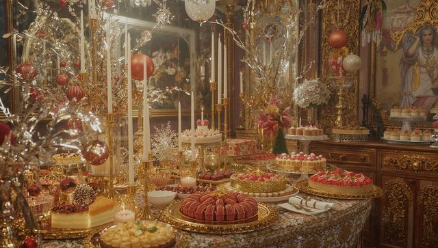 Luxurious Banquet Room With Opulent Desserts on Gold