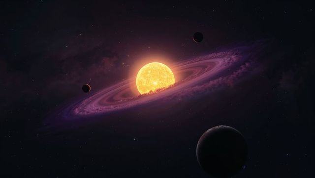 Glowing yellow-orange star with purple dust ring and shadowed planets in deep space nebula