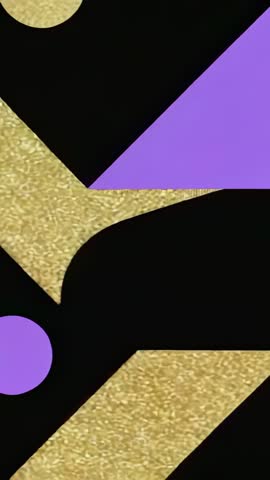 Vertical motion graphic animating purple circle, teal rectangle and gold textured bars