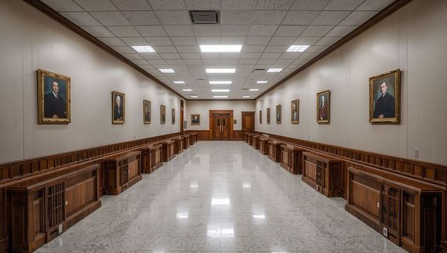 Displaying grand courthouse corridor with gleaming marble floor and gilded portrait gallery