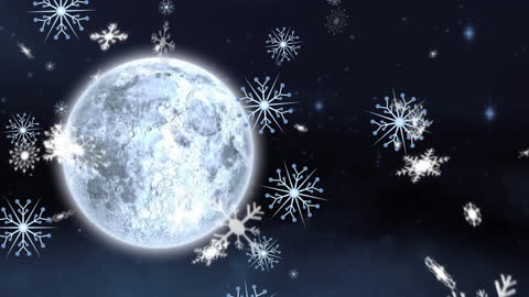 Festive Snowflakes Gently Falling Across Moonlit Night