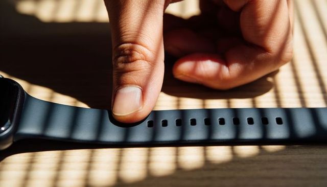 Closeup finger pressing smartwatch strap with sunlit stripe shadows and band adjustment