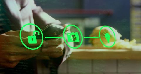 Man using smartphone with animated technology and food concept