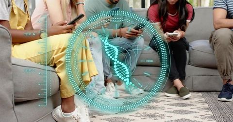 Diverse group on couch using smartphones with futuristic dna hud hologram overlay