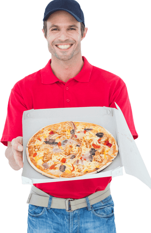 smiling delivery man offering transparent pizza box with fresh pizza - Download Free Stock Videos Pikwizard.com