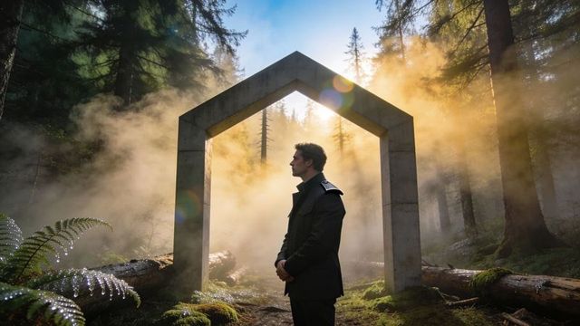 Solitary man standing beneath concrete arch in misty sunlit conifer forest