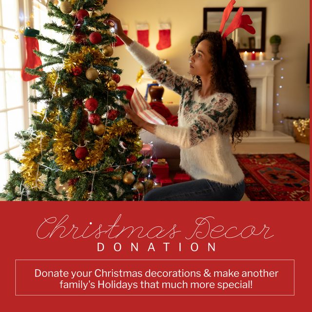 Young Woman Donating and Decorating Christmas Tree - Download Free Stock Templates Pikwizard.com