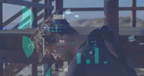 Surfer Overlays with Digital Data Elements on Beach