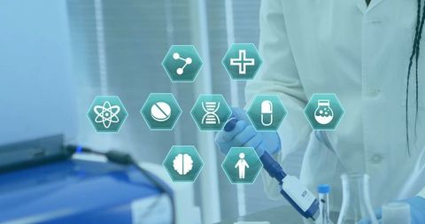 African american female scientist in laboratory with digital medical icons