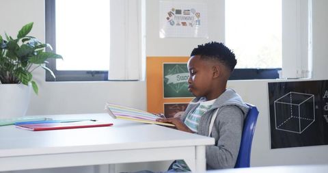 African American boy reading striped binder at classroom desk near sunlit window, studying