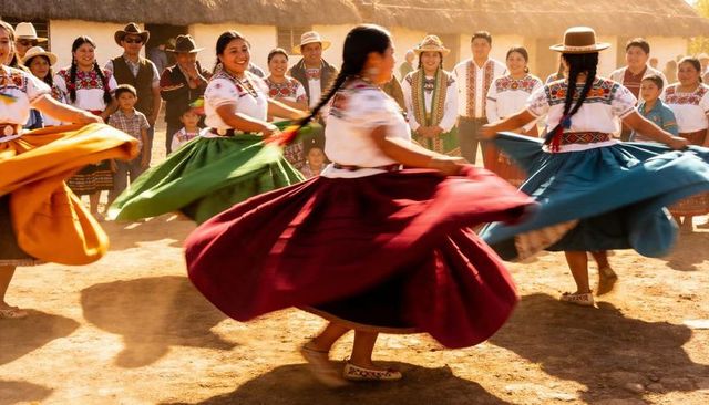 Colorful andean women twirling traditional skirts in village folk dance celebration