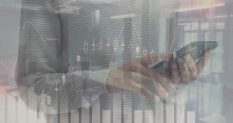 Double Exposure of Hands with Smartphone and Financial Graph