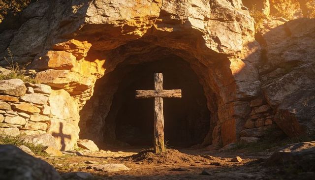 Weathered wooden cross standing at cave mouth at sunrise, casting shadow on rock wall
