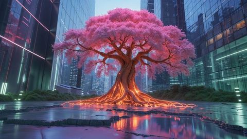 a scene depicting a uniquely beautiful dreaming tree with a vibrant pink canopy set against a skyline of neon-lit skyscrapers. its bioluminescent, glowing roots stretch across a sleek, wet plaza reflecting lights, creating a striking blend of organic and futuristic elements. ideal for projects related to urbanization, nature integration, futuristic themes, or visual arts.