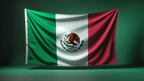 Mexican flag hanging on textured surface in studio light