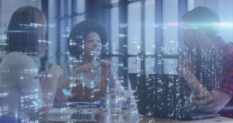 Diverse Team Discussing Business Strategy with Digital Data Overlay