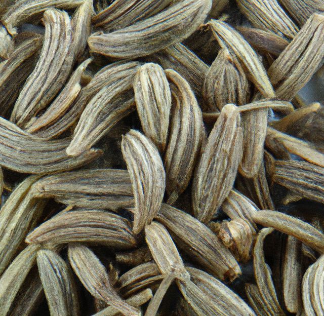 Close-up of cumin seeds showing distinct texture and color. Ideal for use in culinary blogs, cooking websites, recipes, health articles, or spice product packaging. Highlights the natural, aromatic qualities of cumin as a seasoning and ingredient.