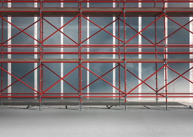 Digital composite of 3D red scaffolding in front of a building