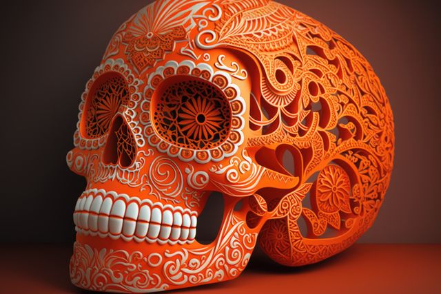 Orange mexican decorative sugar skull on gray background, using generative ai technology. Skull, mexico and traditional concept.