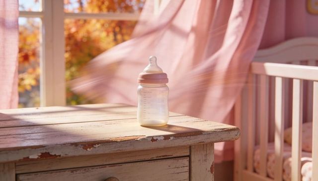 Vintage nursery baby bottle on weathered dresser with sunlit pink curtains and crib