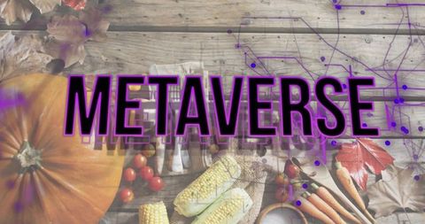 Metaverse typography overlay on rustic autumn harvest table with pumpkin corn and carrots