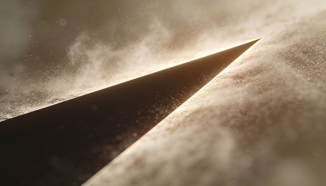 Cutting triangular wedge splitting warm golden dust with dramatic rim light and bokeh glow