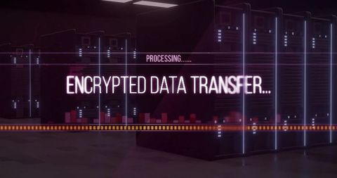 Encrypted Data Transfer Overlay on Server Rack Corridor with Neon Progress Bar