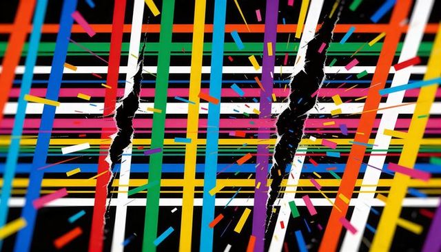 Vibrant neon grid with jagged vertical rips and exploding confetti, colorful geometric lattice