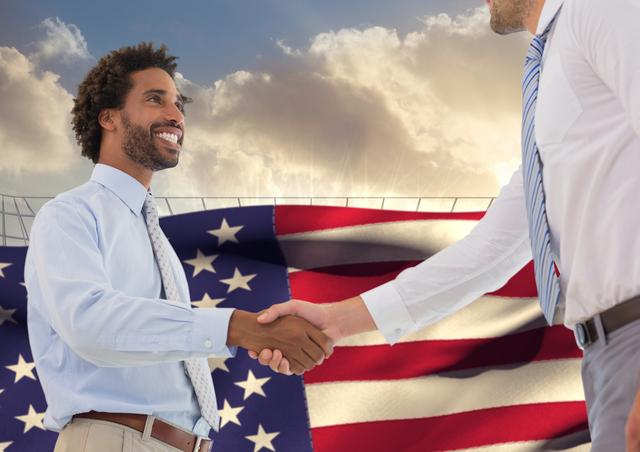 Two businessmen shaking hands with an American flag in the background, symbolizing successful partnership and collaboration. Ideal for use in business, corporate, and patriotic contexts, such as advertisements, presentations, and websites promoting American business values and unity.