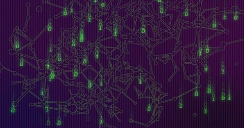 Animating node network reacting to green binary digits on purple data canvas