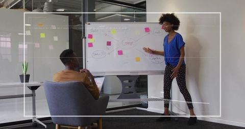Black Woman Presenting Ideas on Whiteboard in Modern Office Interior