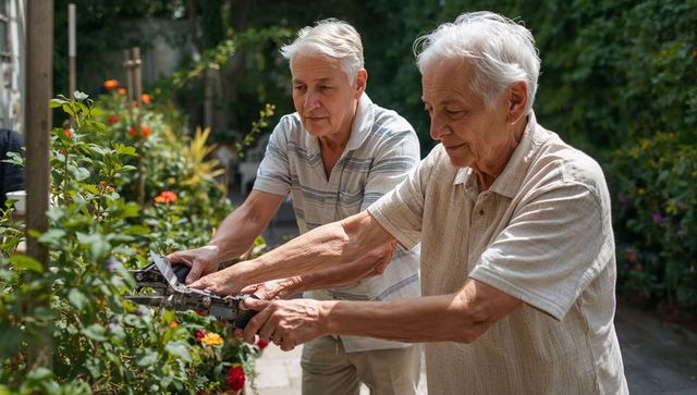 Senior men pruning flowering shrubs together with loppers in sunny backyard garden