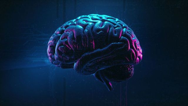 Neon 3d brain in futuristic sci-fi cybernetic interface