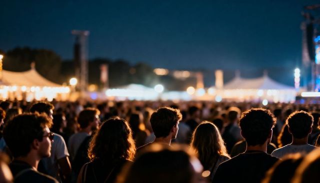 Crowd watching outdoor concert at night with festival tents bokeh lights and silhouettes