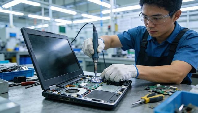 Technician soldering laptop motherboard and repairing circuitry in electronics workshop