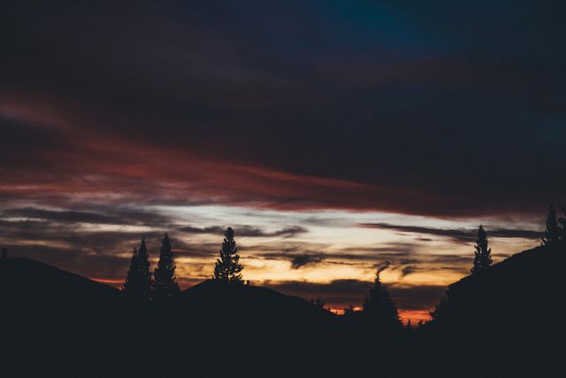 Beautiful twilight sky with vibrant hues over the silhouette of trees and rooftops - Download Free Stock Photos Pikwizard.com