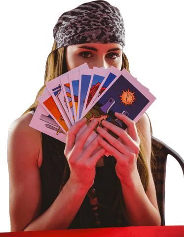 Mysterious fortune teller with tarot cards on transparent background